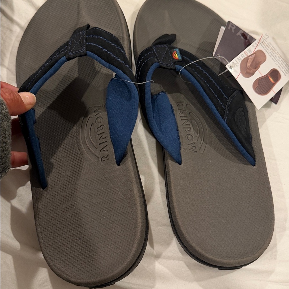 Rainbow Gray Footbed Flip Flops with Navy Straps - Picture 3 of 7
